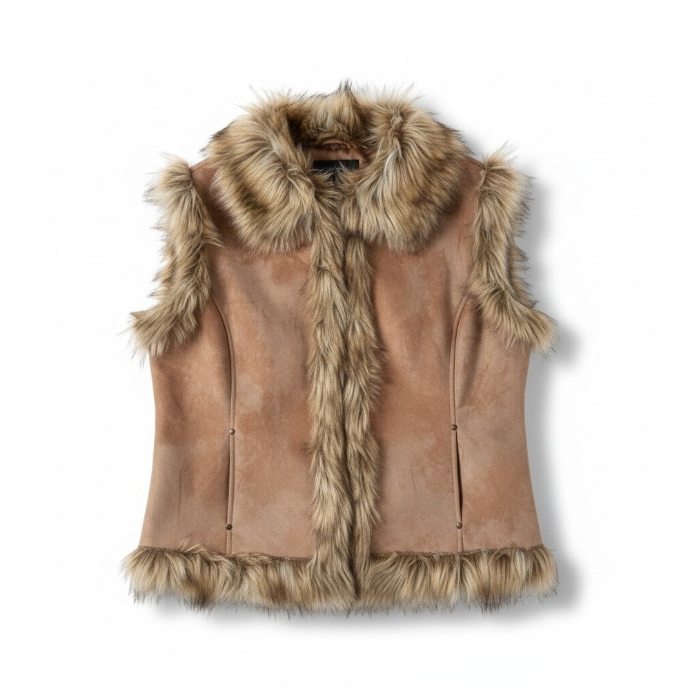 Tasha Polizzi Collection STUNNING Faux Suede Fur Trim Vest Tan XL Boho Cabin
